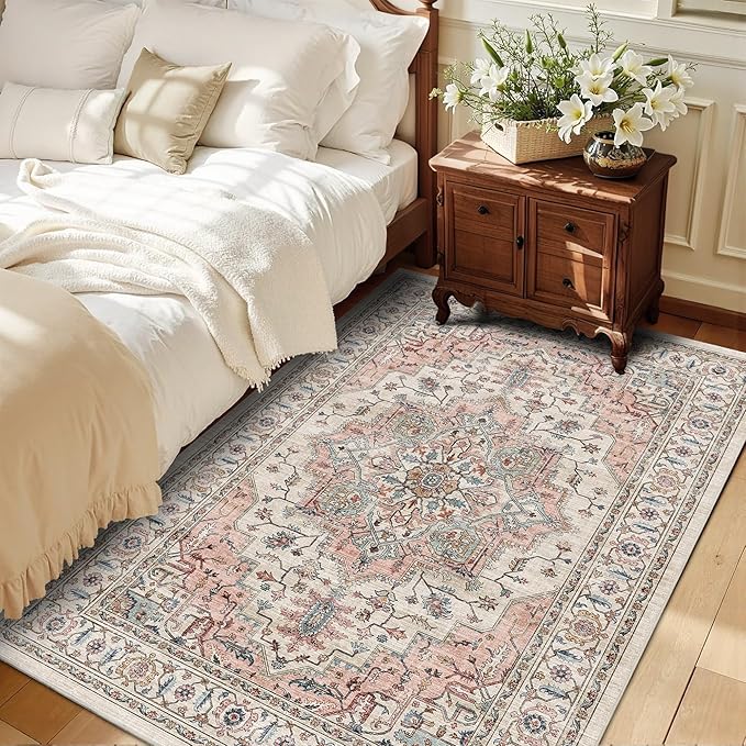 3x5 Vintage Distressed Area Rugs for Indoor Entrance Stain Resistant Washable Entryway Rug Ultra Soft Low Pile Lightweight Carpet Faux Wool Rugs for Living Room Bedroom Playroom Home Office