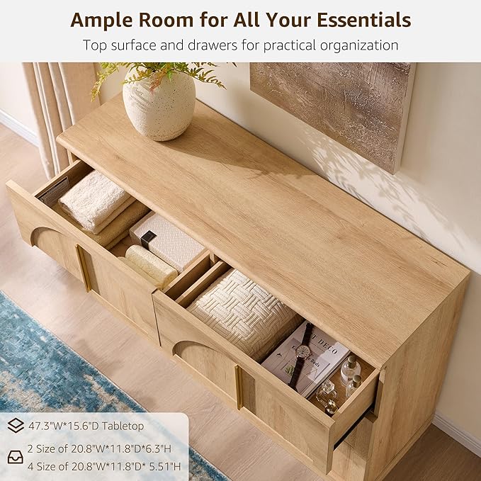 ACCOHOHO Arched Dresser for Bedroom with 6 Drawers, 47.3" Wide Modern Chest of Drawers with Rounded Edge & Metal Handles, Wood Storage Closet Dressers TV Stand for Living Room, Hallway, Natural Oak