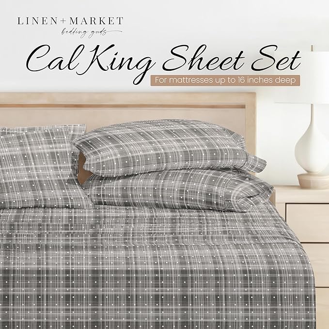 Linen Market Double-Brushed Patterned Microfiber California King Sheet Set 4 Piece – Oeko-TEX Certified Ultra Soft & Wrinkle-Free - 16" Deep Pocket Sheets Easy Care Cal-King Size - Polka Dot Gray