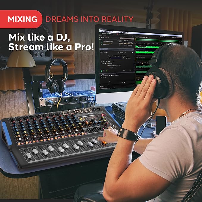 PYLE 12-Channel Bluetooth Studio Audio Mixer - DJ Sound Controller Interface with USB Drive for PC Recording Input, RCA, XLR Microphone Jack, 48V Power, For Professional and Beginners - PMXU128BT