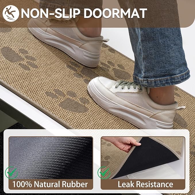 Door Mat Indoor Entrance 17"x30", 0.16" Thin Paw Print Low Pile Doormat, Non Slip Welcome Mat, Trap Dirt and Moisture, Easy Clean, Brown