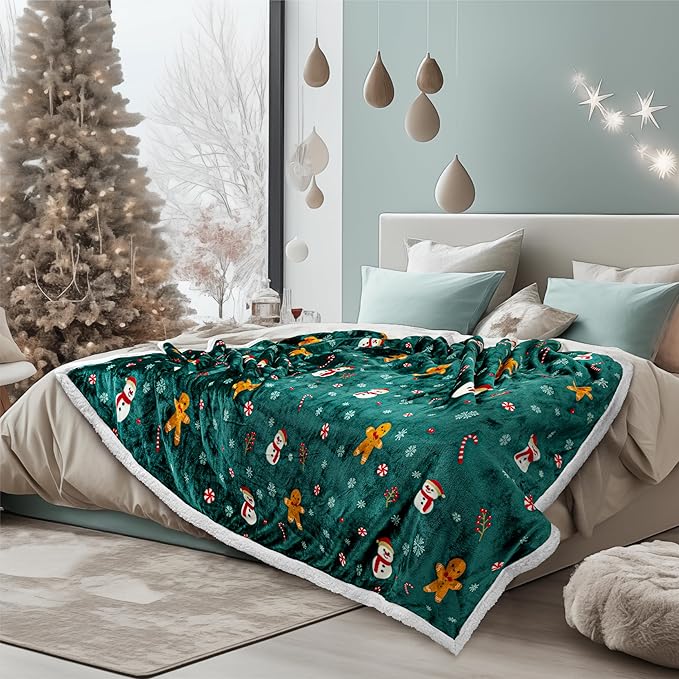 PAVILIA Green Christmas Sherpa Throw Blanket, Gingerbread Snowman Holiday Pattern, Soft Reversible Fleece & Sherpa 60x80 Winter Blanket for Couch & Bed, Cozy Christmas Decor