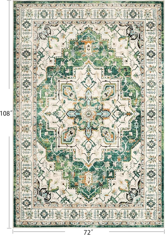 zesthome 6x9 Area Rugs, Machine Washable Rugs for Living Room, Bedroom,Stain Resistant Vintage Large Area Rug,Non-Slip Medallion Pattern Home Decor Rugs (Green,6'x9')