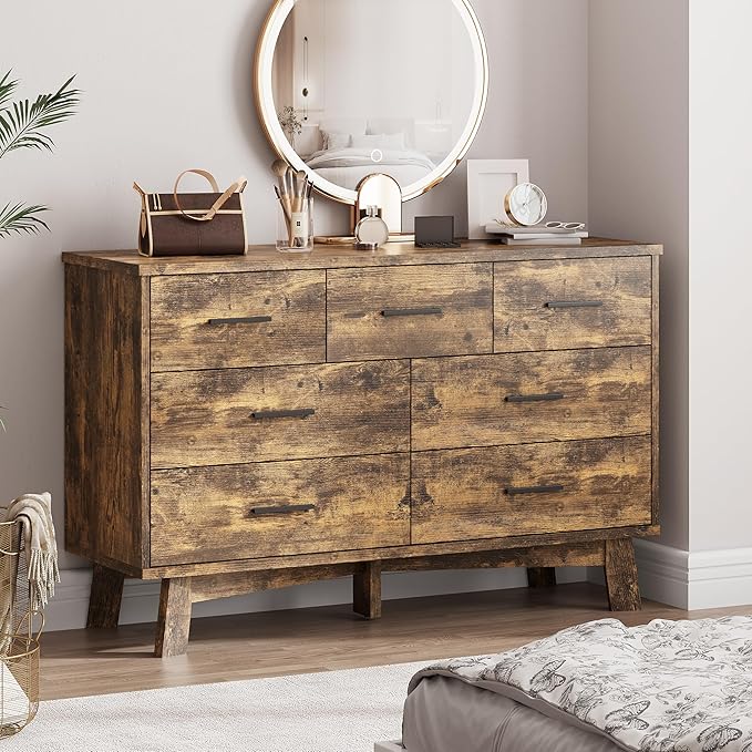 Dresser for Bedroom with 7 Drawer, Wood Modern Chest of Drawers with X-Shaped Sturdy Base, Wide Double Dresser Closet Clothes Storage Organizer, Wooden TV Stand for Living Room, Hallway, Brown