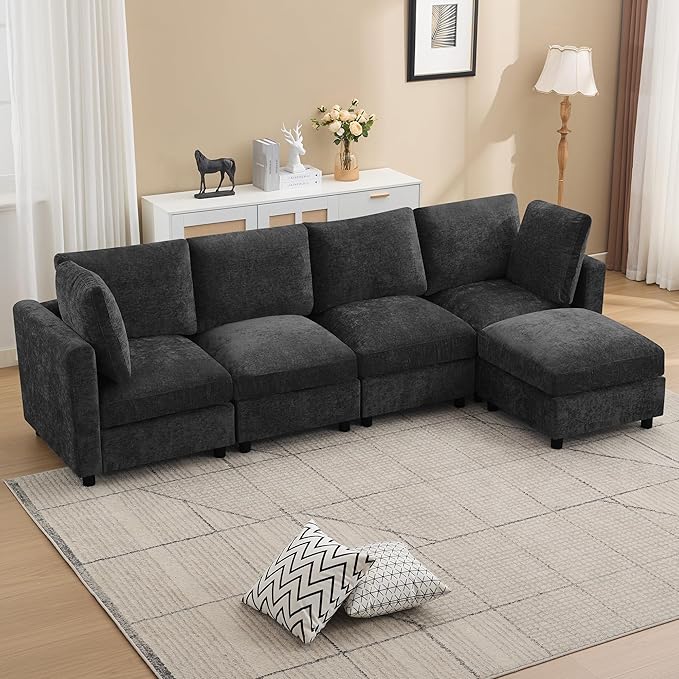 116'' 4-Seater Modular Sectional Cloud Sofa with Ottoman, Convertible L-Shaped Couch for Living Room, Modern Deep Seat Modular Sofa, Chenille Dark Grey