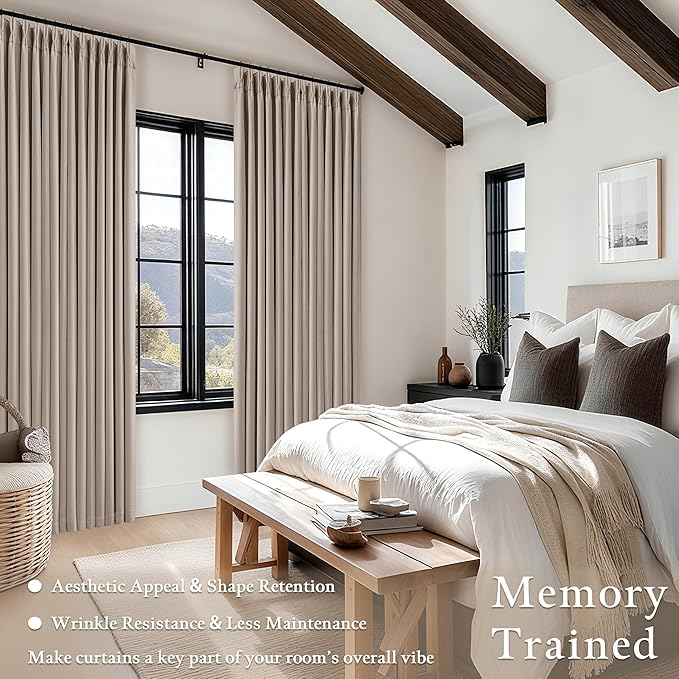 Dark Flax Linen Pinch Pleated Curtains 105 Inches Long for Bedroom Taupe Beige 100% Black Out Floor to Ceiling Sound Dampening Double Layer Living Room Darkeing 2 Panels Burlywood Birch Windows Drape