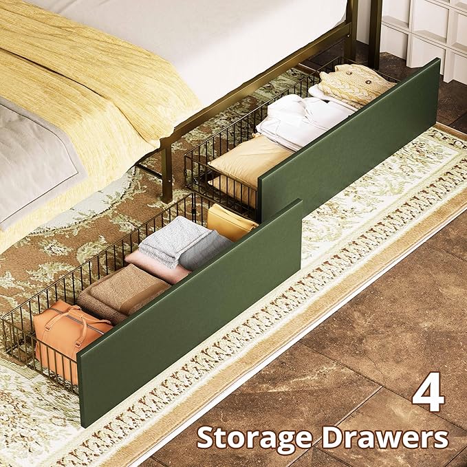 LIKIMIO Queen Bed Frame with 4 Storage Drawers, Platform Bed with Charged Headboard, Sturdy and Stable, No Noise, No Box Spring Needed, Easy to Install, Dark Green