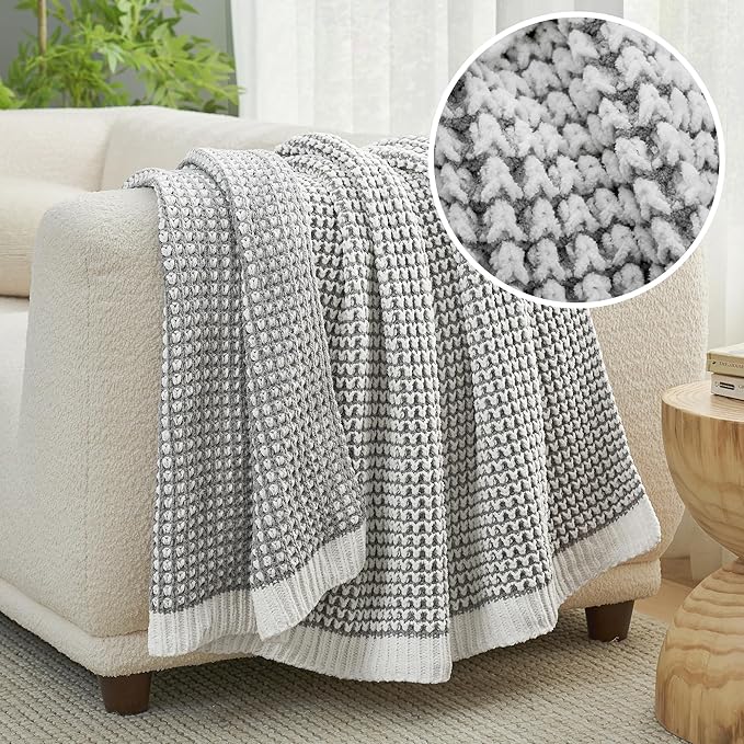 Amélie Home Waffle Chenille Throw Blanket for Couch, Pineapple Stitch Knit Soft Cozy Knit Blanket Decorative Throw for Sofa, Chair, 50"x60", Grey&Ivory