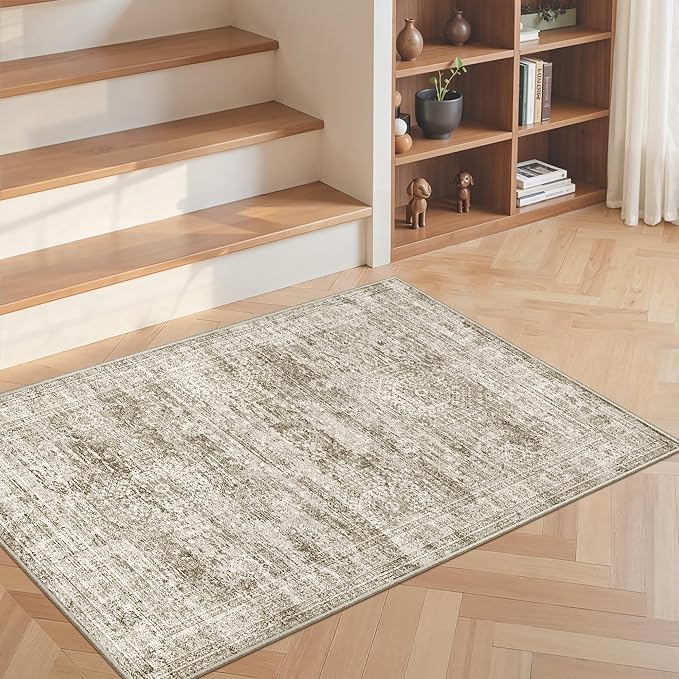 2x3 Washable Rugs for Kitchen, Floor, Entryway, Powder Room Small Area Rug Non-Slip Vintage Low Pile Throw Door Mat Brown