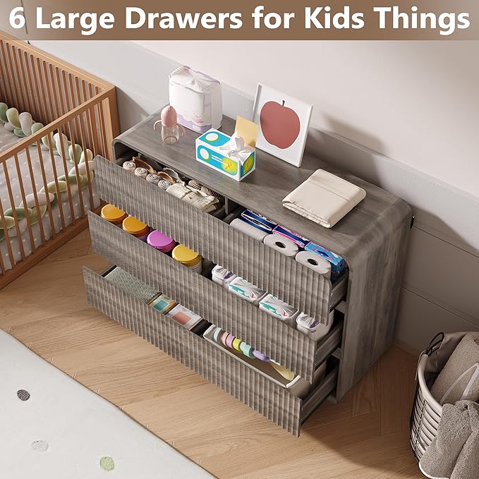 Dresser for Bedroom with 6 Drawers, Fluted Chest of Drawers with Round Curved Corner, Hidden Handles, Modern Wood Storage Organizer for Bedroom, Nursery, Living Room