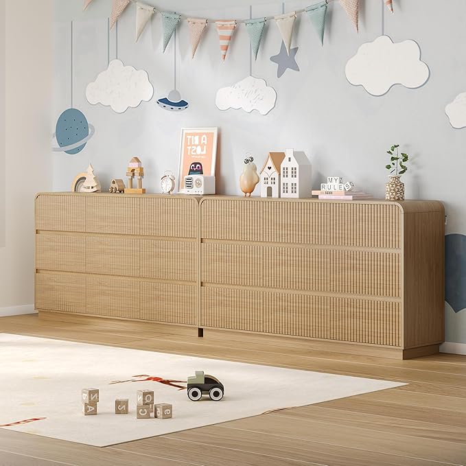 Dresser for Bedroom with 9 Drawers, Fluted Chest of Drawers with Round Curved Corner, Hidden Handles, Modern Wood Storage Organizer for Bedroom, Nursery, Living Room