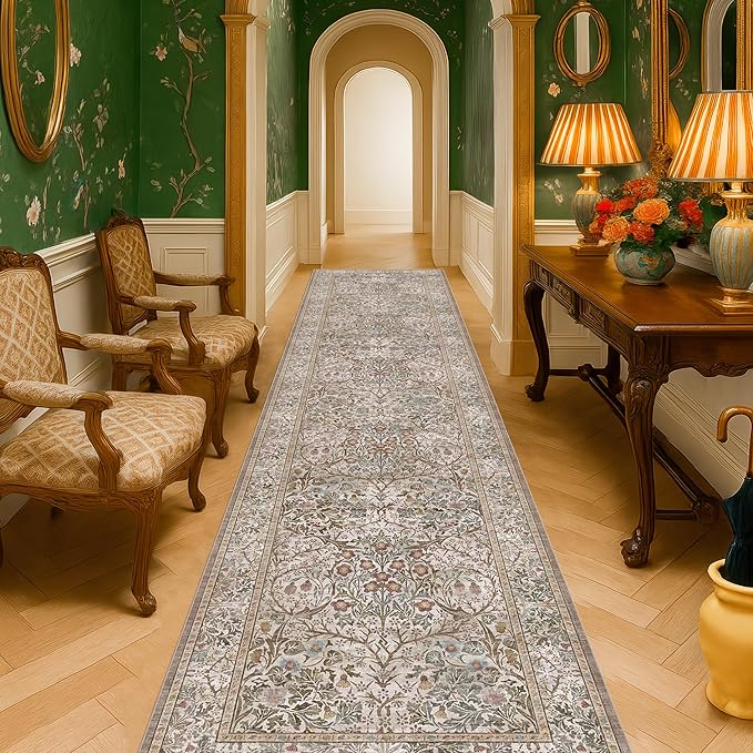 Moss 3x12 Extra Long Wide Runner Rug for Hallway, Non Slip Washable, 12 ft Large Kitchen Floor Rugs for Indoor Entrance, Low Pile Stain Resistant Vintage Floral Leaf Carpet