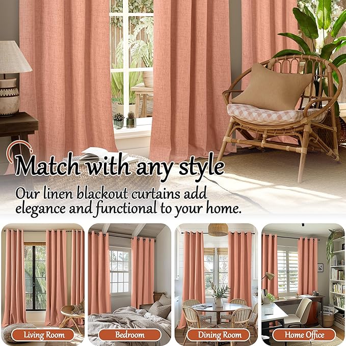 60 Inch Wide Linen Blackout Fall Curtains for Bedroom, Terracotta Curtains 63 Inch Long 2 Panels, Total Black Out Thermal Insulated Energy Saving Boho Window Drapes, 60x63 Inch 2 Panels
