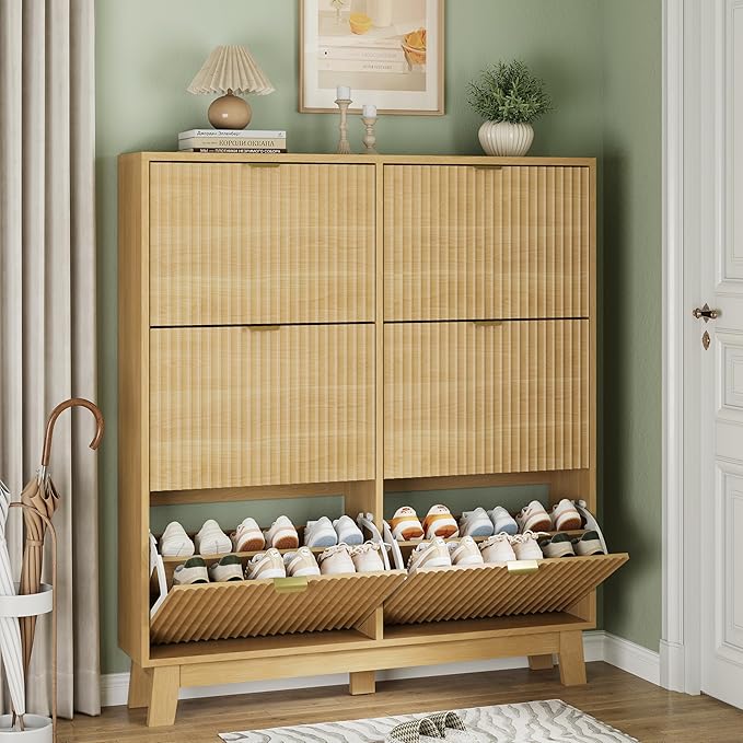 Shoe Cabinet with 6 Flip Drawers, 54" Tall Narrow Fluted Shoe Storage Organizer for Entryway, Hidden Slim Wooden Shoe Rack Cabinet for Front Door Entrance, Hallway, Living Room, Natural Oak