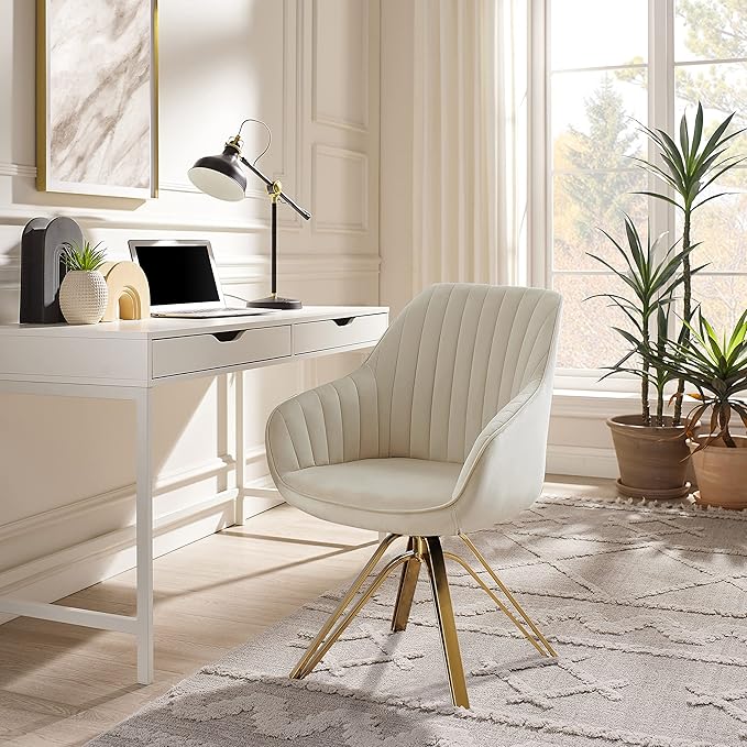 Zouron Mid Century Modern Swivel Accent Chair with Gold Metal Legs, Upholstered Swivel Chair No Wheels, Side Accent Arm Chair Vanity Chair for Small Space Home Office Living Room Bedroom, Off White