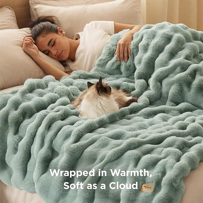 Bedsure GentleSoft Fluffy Faux Fur Throw Blanket, Fuzzy Soft Bubble Blanket for Couch, Faux Fur Decor for Home Bedroom Living Room, Thick Furry Cozy Gifts for Women, Sage Green, 50x60 Inch
