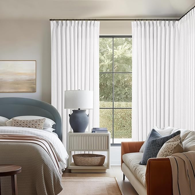 Extra Wide 108 Inch Long Curtains 70 Inch Wide Pinch Pleat Linen Curtains for Living Room Bedroom Light Filtering Privacy Pleated Drapes Hooks Rings Back Tab for Sliding Door White 1 Panel