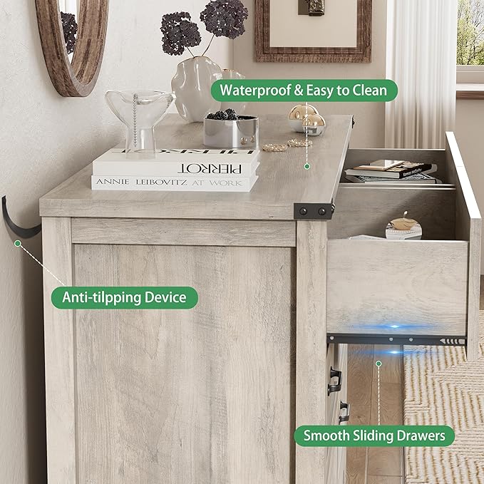 Dresser for Bedroom with 6 Drawers, 54" Wide Wood Chest of Drawers with Deep Drawers & Mental Handle, Modern Dresser TV Stand, Wooden Closet Storage Organizer for Living Room, Hallway, Entryway, Grey
