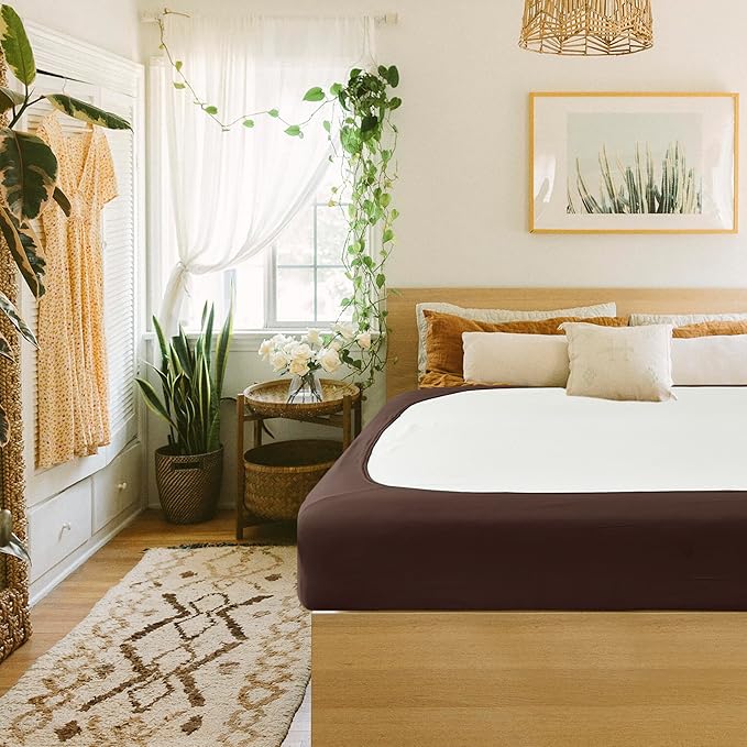 Biscaynebay Decorative Box Spring Cover King & Cal King Size, Brown Luxurious Jersey Knitting Stretchy Wrap Around 4 Sides Bed Skirt for Home/Hotels, Easy Fit Wrinkle & Fade Free Machine Washable