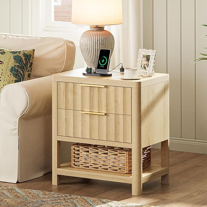 Huuger 27.6 Inch Tall Night Stand with Charger Station, USB-C Port, Fluted Nightstand with 2 Deep Drawers, Larger Wider Bed Side Table with Open Shelf, Bedroom Living Room End Table, Natural