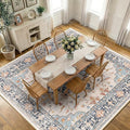 Area Rugs Square 10ft Washable Non-Slip, Floral Vintage Distress Print Pattern Medallion Carpet for Living Room Bedroom Dining Room, Beige Navy Blue Orange Colorful