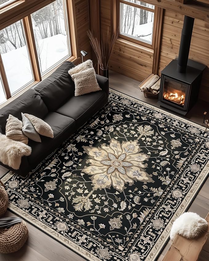 Area Rugs 5'x7' Washable Non-Slip, Floral Vintage Distress Print Pattern Medallion Carpet for Living Room Bedroom Dining Room, Black Brown Neutral Dark Tan