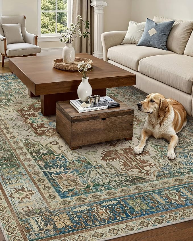 GENIMO 6X9 Area Rugs for Living Room, Machine Washable Vintage Floor Cover Foldable Modern Non Slip Rug, Low Pile Soft Indoor Carpet Floral Print Mat Rug,Bedroom/Dining Room/Home Office,Sage Green