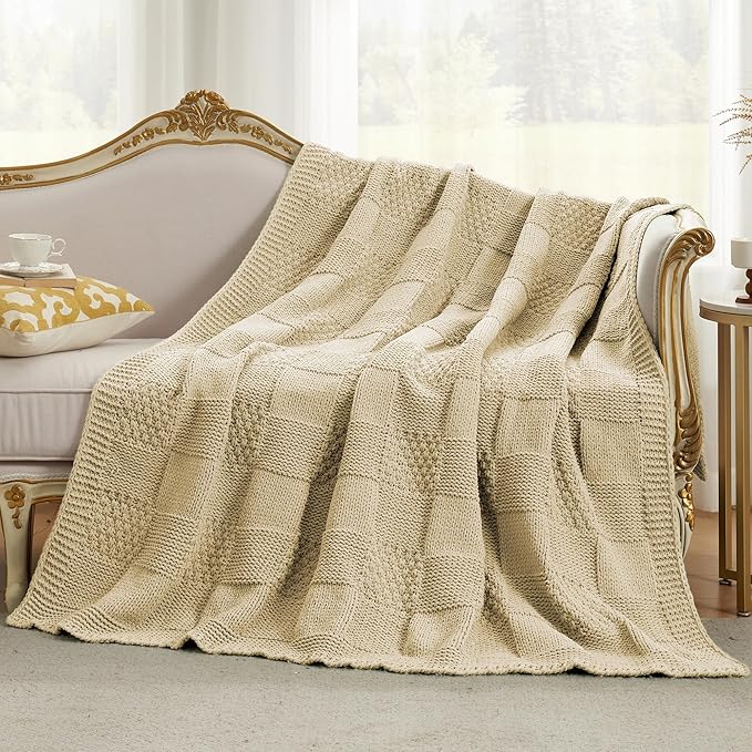 Amélie Home Checkered Chenille Knit Throw Blanket for Couch, Classic Texture Decorative Soft Blanket for Sofa, Chair & Bedroom, 50"x60", Beige