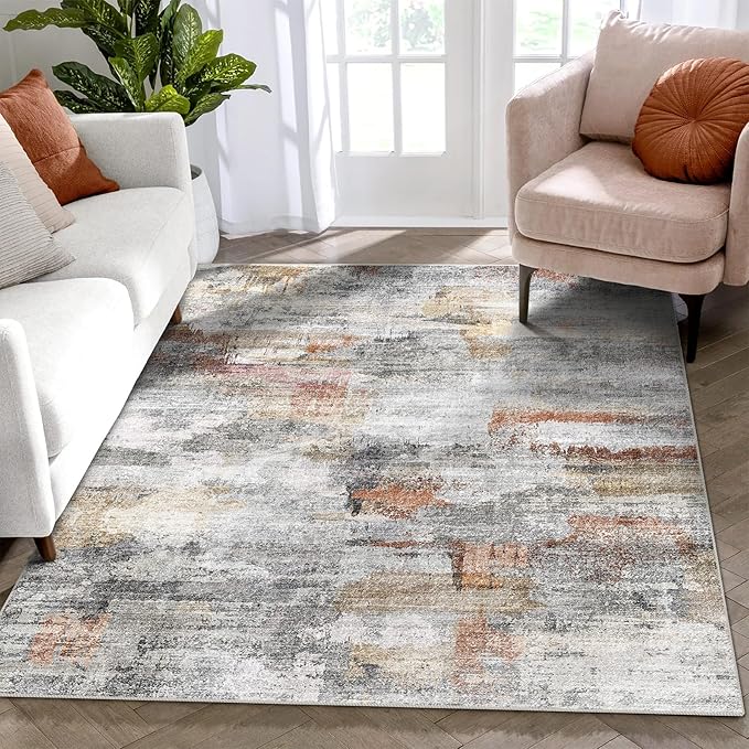 vivorug Washable Rug, Ultra Soft Area Rug 3x5, Non Slip Abstract Small Rug, Stain Resistant Rugs for Living Room Bedroom, Modern Fluffy Style (Gray/Rust, 3'x5')