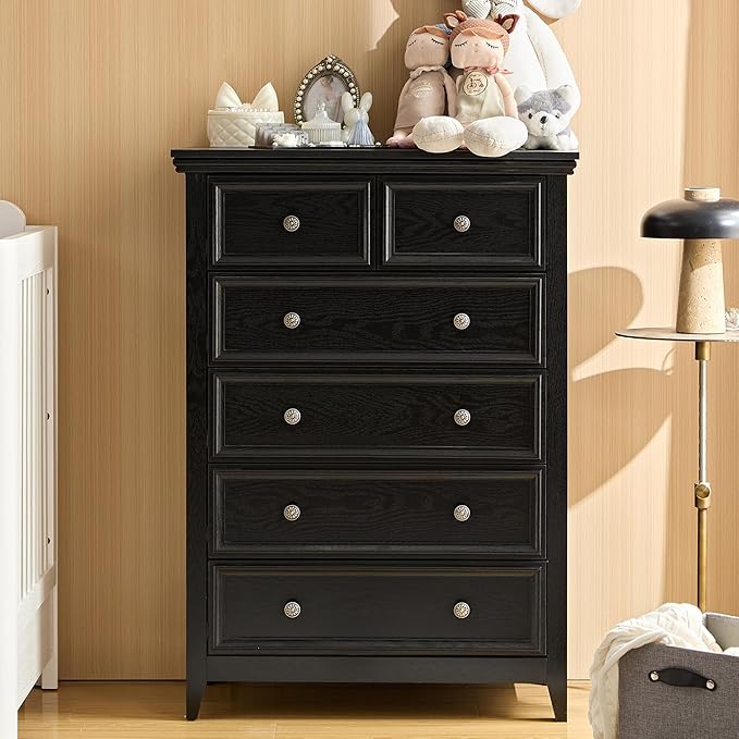 Black Modern 6 Drawer Storage Cabinet, Stylish Living Room Furniture, Farmhouse Style Dresser with Spacious Drawers Ideal for Entryway and Hallway Storage