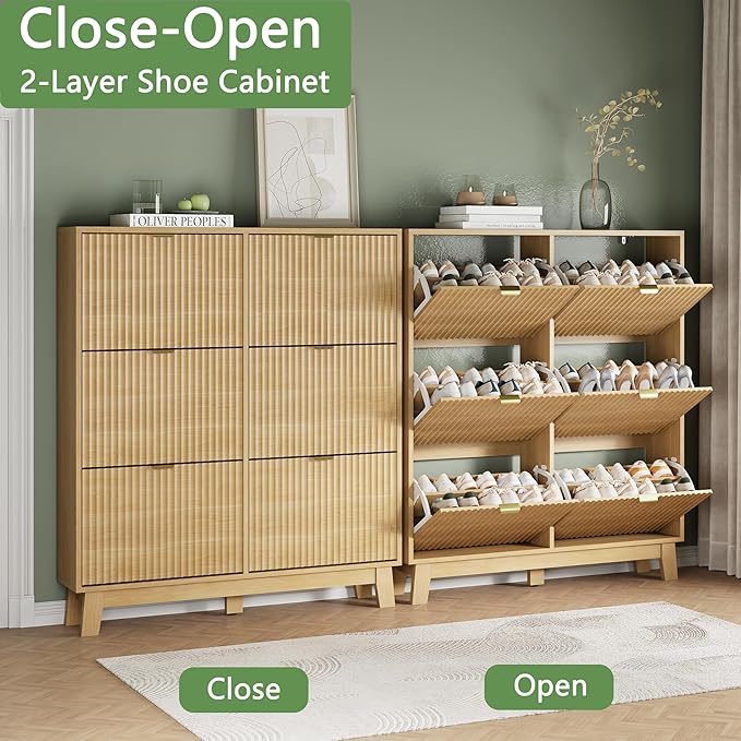 Shoe Cabinet with 6 Flip Drawers, 54" Tall Narrow Fluted Shoe Storage Organizer for Entryway, Hidden Slim Wooden Shoe Rack Cabinet for Front Door Entrance, Hallway, Living Room, Natural Oak