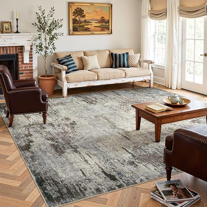 Area Rug Living Room Rugs - 10x14 Washable Large Soft Indoor Neutral Modern Abstract Low Pile Rug Carpet for Bedroom Dining Room Farmhouse Home Office - Brown Rust
