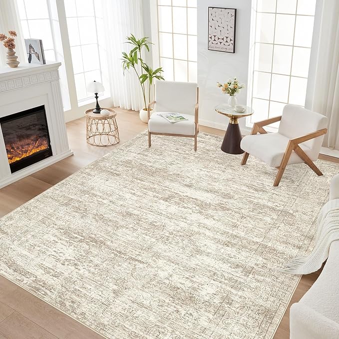 Area Rug Living Room Rugs - 6x9 Abstract Large Soft Indoor Washable Rug Neutral Modern Low Pile Carpet for Bedroom Dining Room Farmhouse Home Office - Vintage Beige