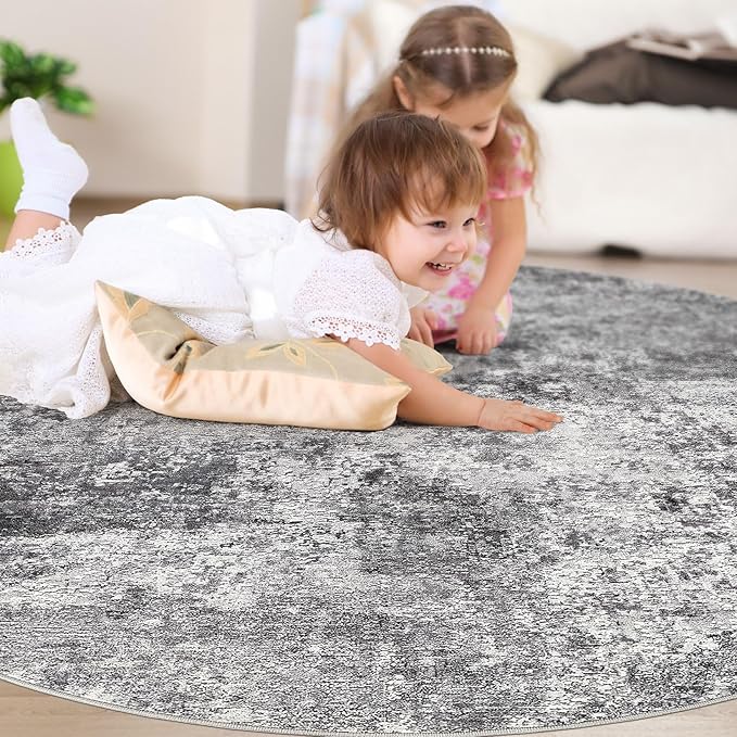 8ft Round Area Rug Living Room Rugs - 8x8 Washable Large Soft Indoor Neutral Modern Abstract Low Pile Rug Carpet for Bedroom Dining Room Farmhouse Home Office - Grey
