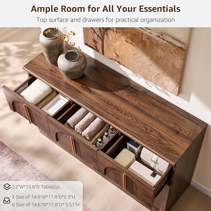 ACCOHOHO Arched Dresser for Bedroom with 9 Drawers, 52" Wide Modern Chest of Drawers with Rounded Edge & Metal Handles, Wood Storage Closet Dressers TV Stand for Living Room, Hallway, Brown