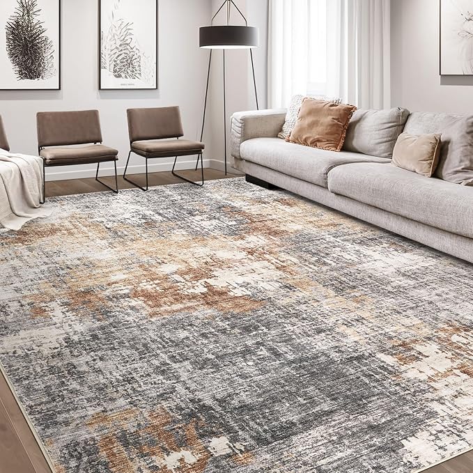 Area Rug Living Room Rugs - 10x14 Washable Large Soft Indoor Neutral Modern Abstract Low Pile Rug Carpet for Bedroom Dining Room Farmhouse Home Office - Grey Brown