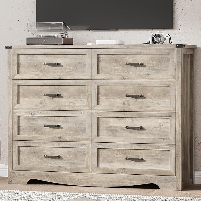 Dresser for Bedroom with 8 Drawers, 54" Wide Wood Chest of Drawers with Deep Drawers & Mental Handle, Modern Dresser TV Stand, Wooden Closet Storage Organizer for Living Room, Hallway, Entryway, Grey