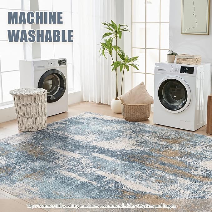 Area Rug Living Room Rugs - 9x12 Washable Large Soft Indoor Neutral Modern Abstract Low Pile Rug Carpet for Bedroom Dining Room Farmhouse Home Office - Blue Brown