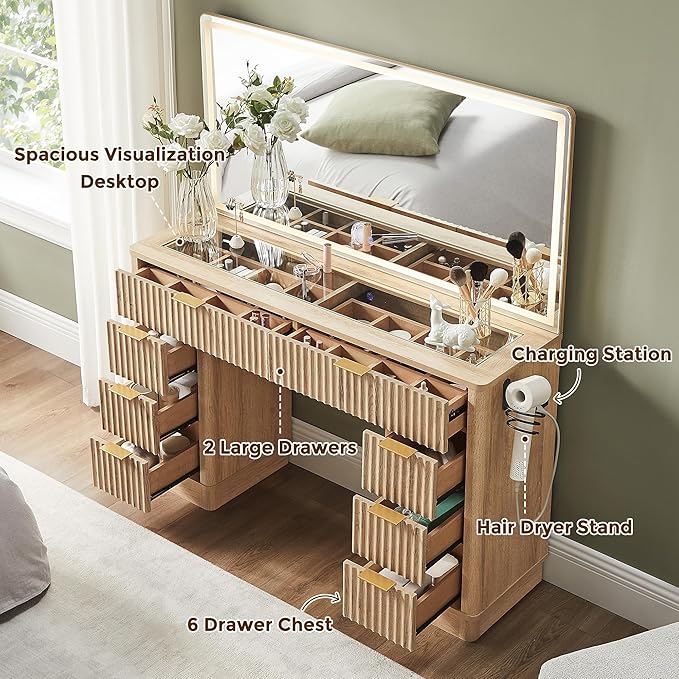 T4TREAM 48" Fluted Makeup Vanity Desk with Large Led Lighted Mirror, Modern Vanity Table with 8 Drawers & Charging Station, Glass Top Dressing Table for Bedroom, Natural Oak