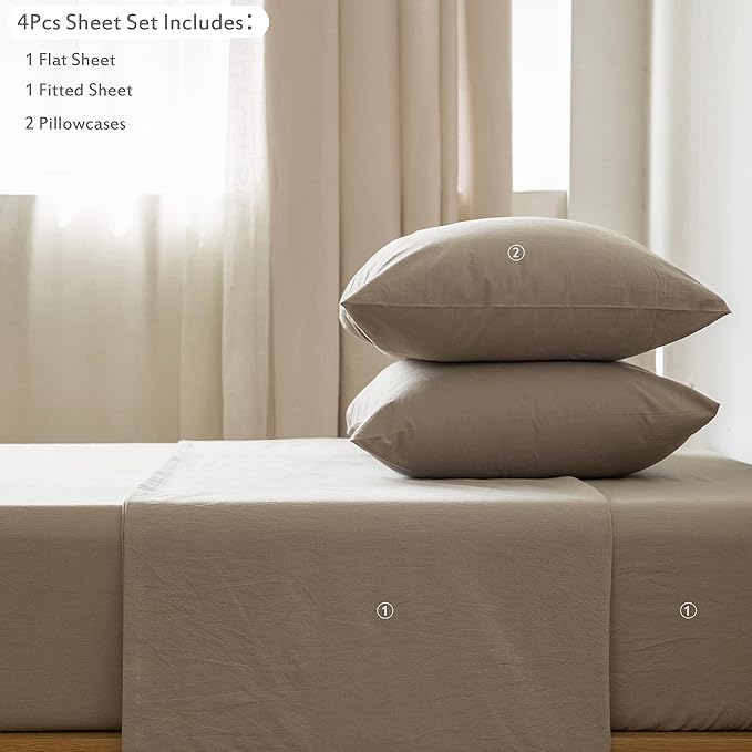 MooMee Bedding Sheet Set 100% Washed Cotton Linen Like Textured Breathable Durable Soft Comfy (Solid Mocha Brown, Twin)