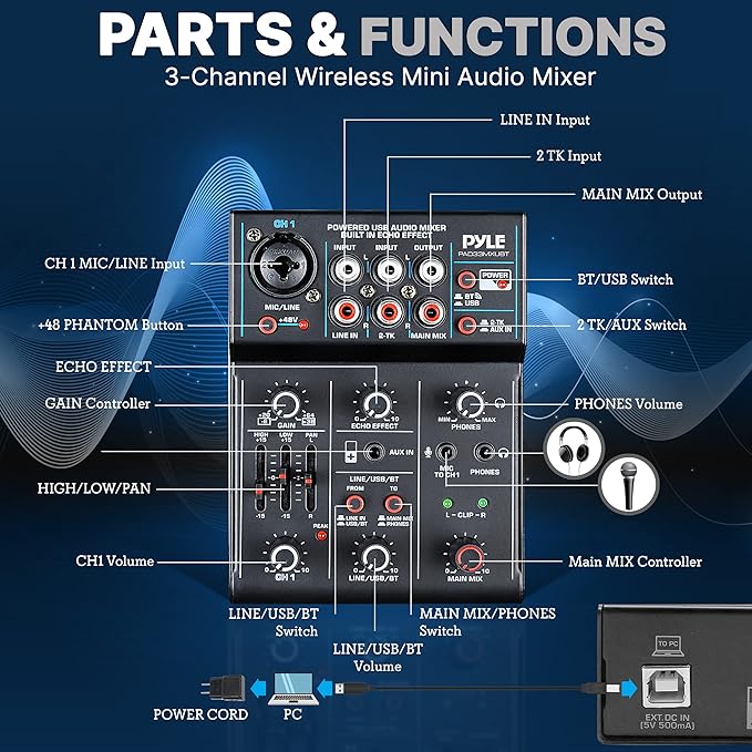 Pyle 3-Channel Professional Wireless DJ Audio Mixer - Bluetooth 5.0 - USB Interface - XLR+6.35mm Mic/Line/Guitar Input - 3.5mm Mic Input - RCA - AUX - Headphone Jack - +48V Phantom Power - PAD33MXUBT