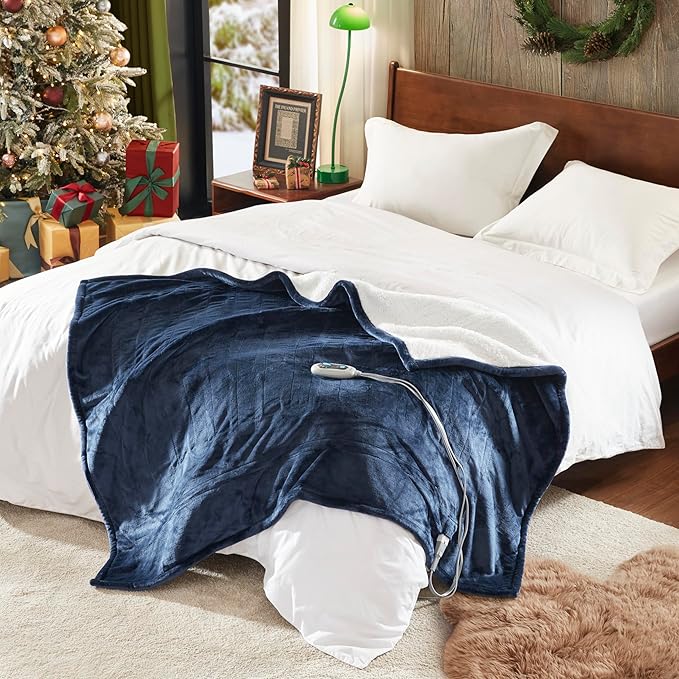 Beautyrest Auto Shut Off, Virtually Zero EMF, Multi Heat Setting, UL Certified, Machine Washable Reversible Microlight to Sherpa Electric Blanket, Full, Indigo