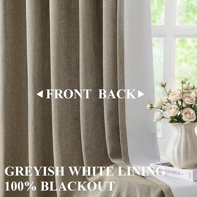 Vision Home Brown Linen Full Blackout Curtains 108 inch for Bedroom Living Room Darkening Soundproof Window Panels 9FT Thermal Insulated Rod Pocket Back Tab Farmhouse Drapes 56" Wx108 Lx2