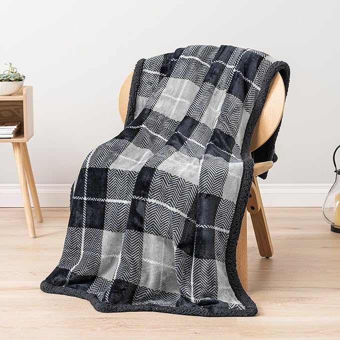 PAVILIA Premium Sherpa Twin Size Blanket | Plaid Design Flannel Fleece Twin Bed Blanket | Plush, Soft, Cozy, Warm, Lightweight Microfiber, Reversible, All Season Use (Plaid Charcoal , 60 x 80 Inches)