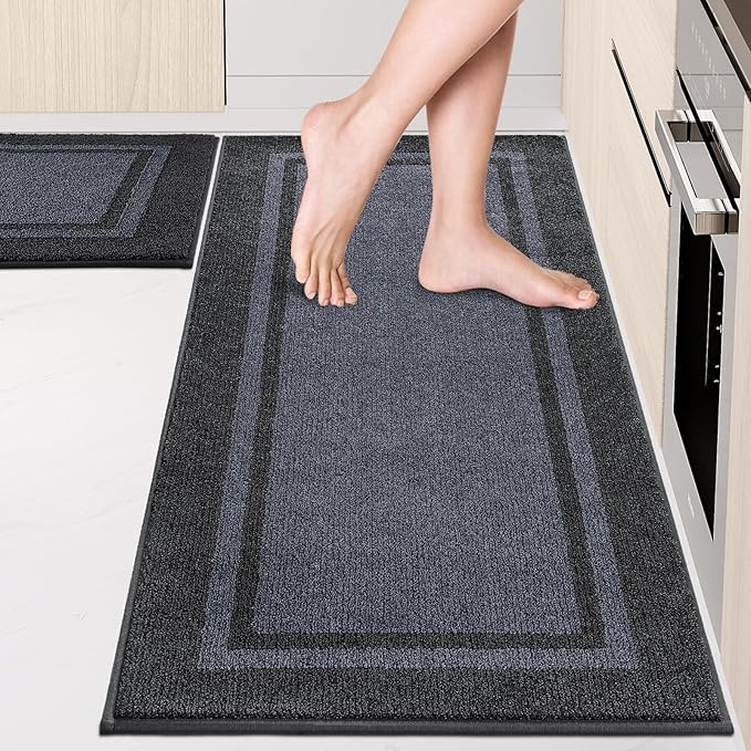 Kitchen Rugs Set (24" x 36"+24" x 60"), Non-Slip Machine Washable Kitchen Runner Rugs Floor Mats, Absorbent Comfort Standing Mat for Kitchen, Sink and Hallway, Rolled Packaging, Bluish Grey & Charcoal