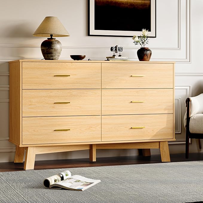 Dresser for Bedroom with 6-Drawer, 47.2" Modern Chest of Drawers with Metal Handles, X-Shape Base & Adjustable Center Leg, Anti-Tip Closet Organizers and Storage