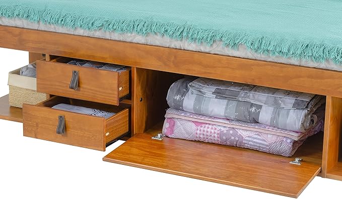 memomad Bali Slim Set: Storage Platform Bed with Drawers + Flat Panel Headboard (King Size, Oak Brown Wood)