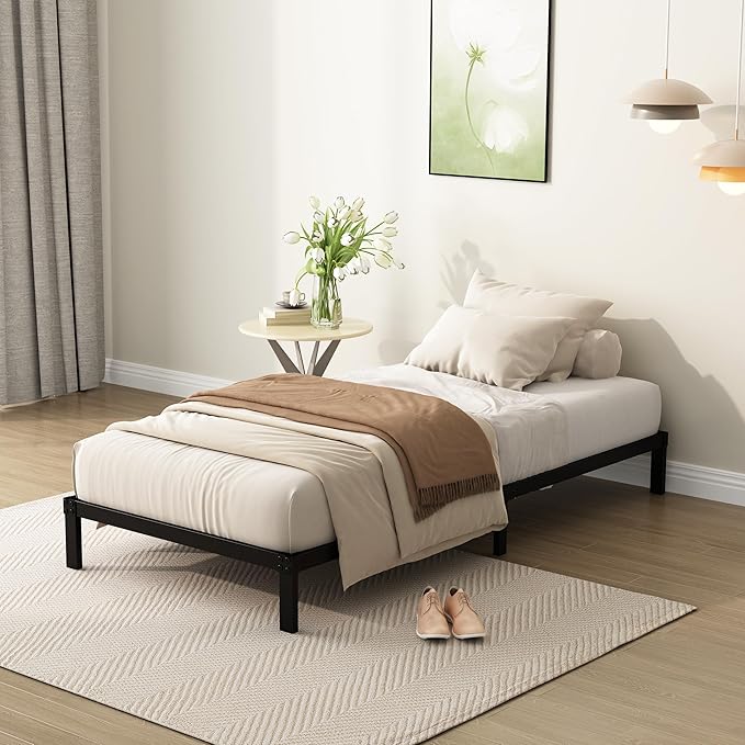 Narrow Twin Bed Frame 9 Inch Heavy Duty Low Profile Metal Platform No Box Spring Needed Mattress Foundation, Easy to Assembly, Noise Free, Black