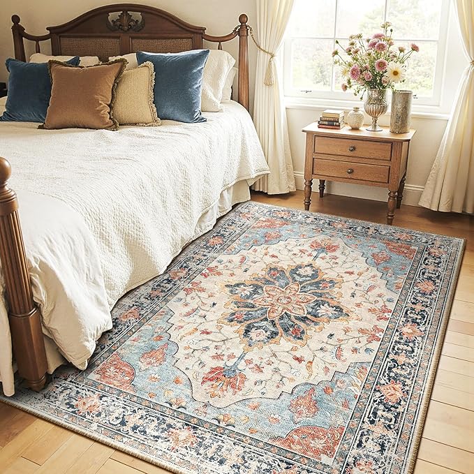 Area Rugs 4'x6' Washable Non-Slip, Floral Vintage Distress Print Pattern Medallion Carpet for Living Room Bedroom Dining Room, Beige Navy Blue Orange Colorful