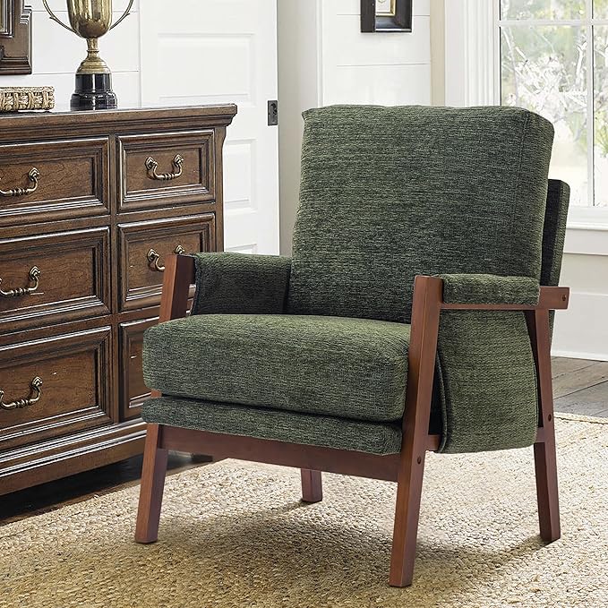 Green Accent Chair for Bedroom & Living Room, Mid Century Modern Accent Arm Chair, Upholstered Anthropologie Accent Chair with Solid Wood Frame, Fabric